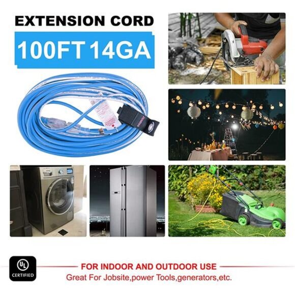 Outdoor 14/3 Extension Cord 14AWG 100FT 13Amp 1625Watts, (100ft/30.48m) - Picture 6 of 7